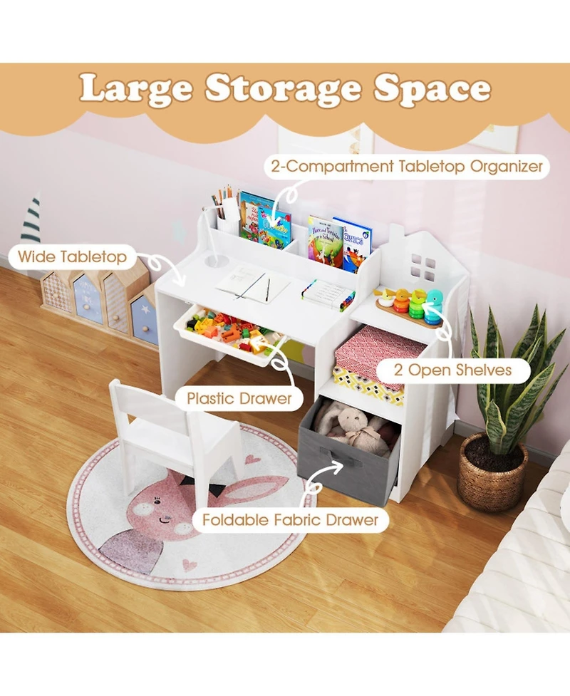 Sugift Kids House-Shaped Study Desk and Chair Set with Storage Shelves and Fabric Bin