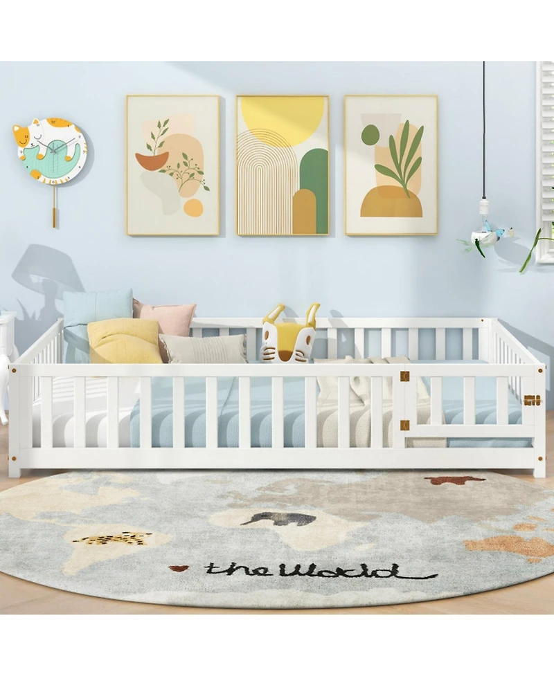 Sugift Full Size Montessori Bed Frame with Full-Length Guardrails Safety Door and Latch
