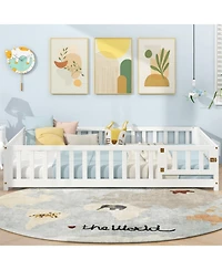Sugift Full Size Montessori Bed Frame with Full-Length Guardrails Safety Door and Latch