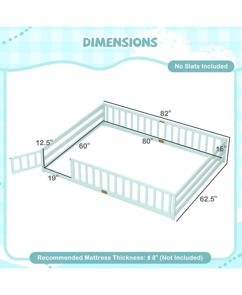 Sugift Queen Size Kids Montessori Floor Bed Frame with Full Length Safety Guardrails