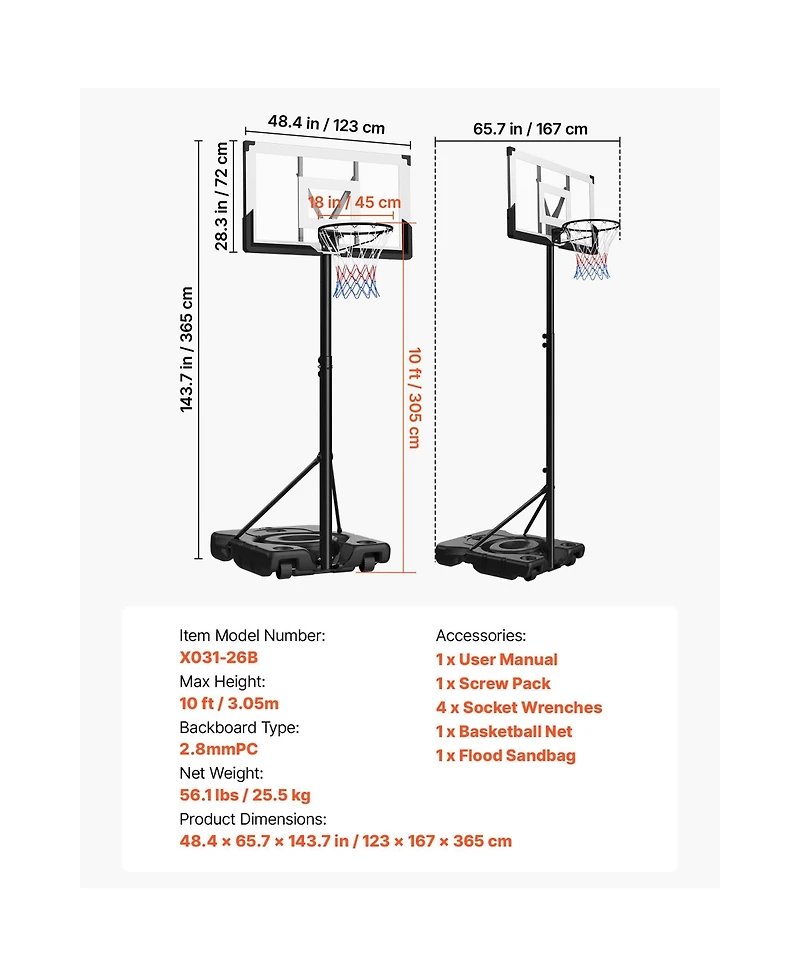 Sugift Portable Basketball Hoop with 10 ft Height Adjustment 48 in Pc Backboard and Wheels