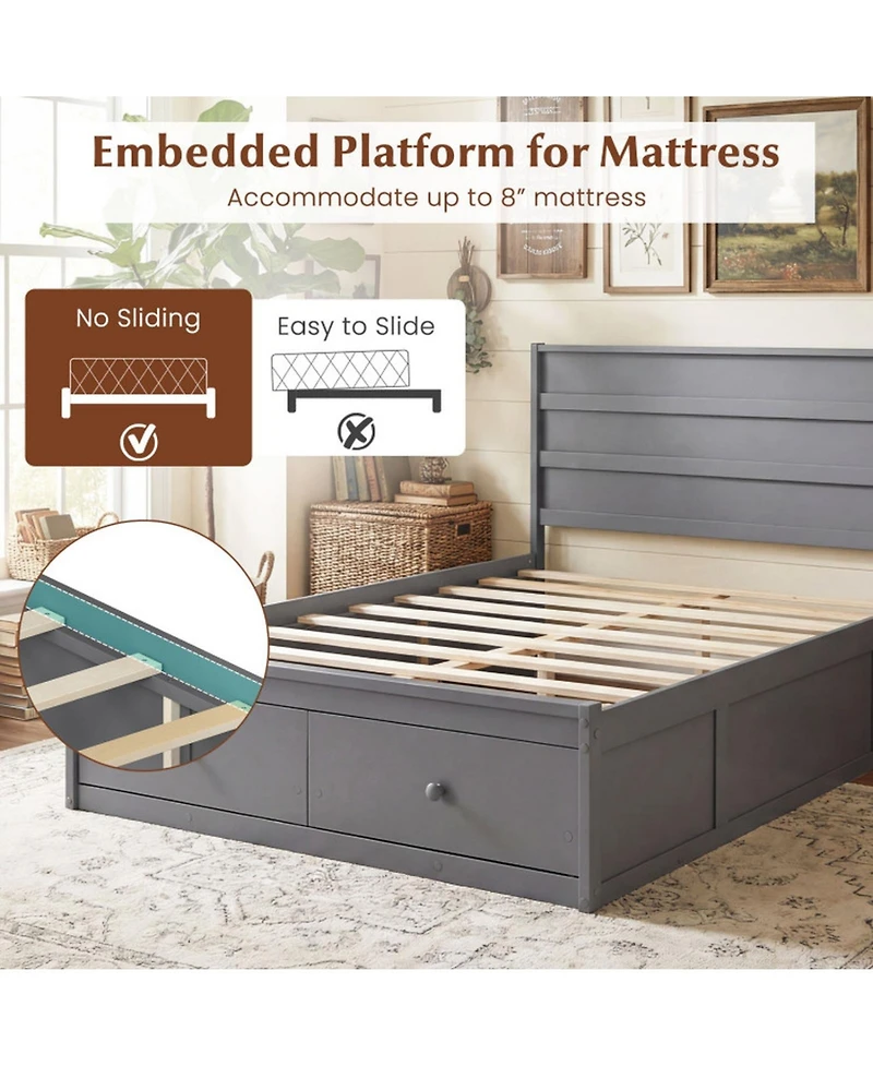 Sugift Full Size Wooden Platform Bed Frame with 2 Storage Drawers