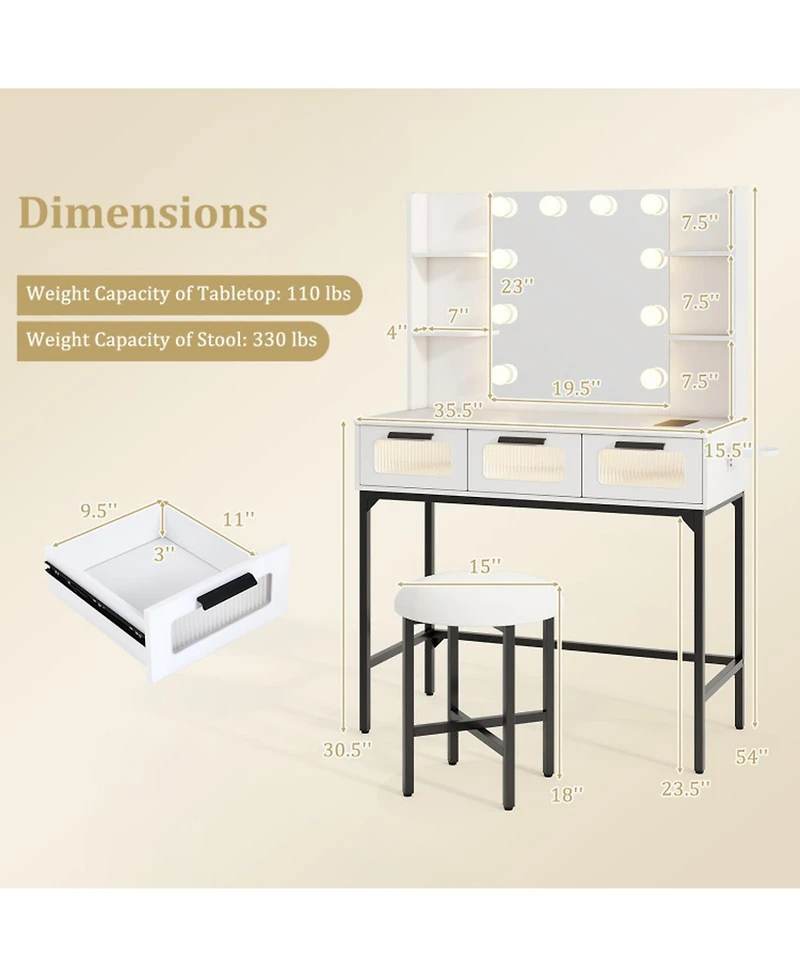 Sugift Makeup Vanity Desk with 10-Bulb Hollywood Mirror Charging Station and Padded Stool