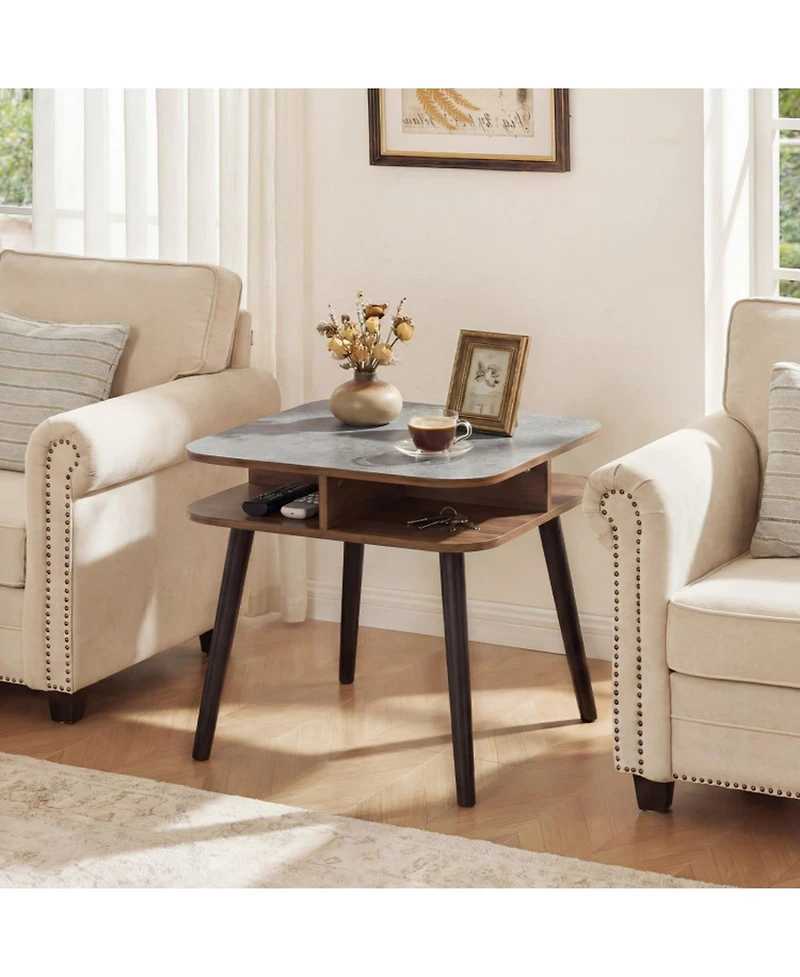 Sugift Square Faux Marble End Table with 4-Sided Open Shelves and Rubber Wood Legs