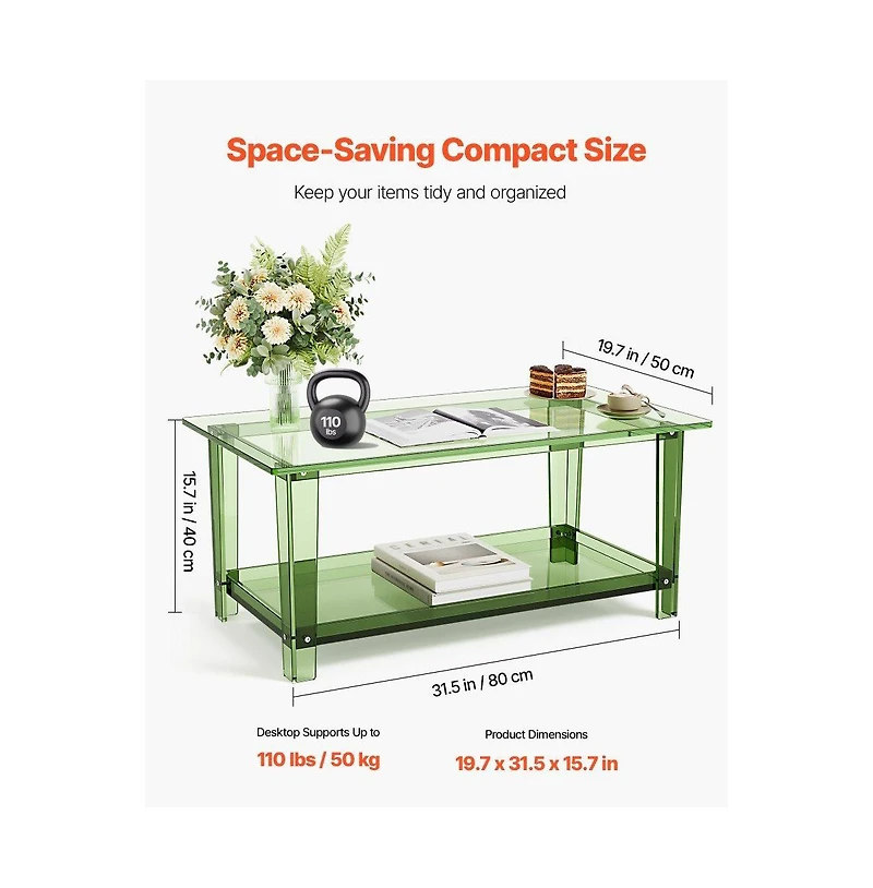 Slickblue Modern Acrylic Coffee Table with 2 Tier Storage Shelf Design
