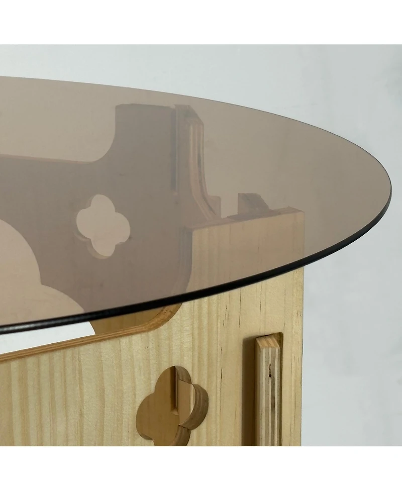 Flynama 31.1" Round Tempered Glass Coffee Table, Floral Hollow Wood Base, Cat Nest Design