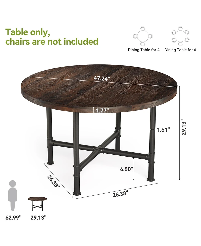 Tribesigns 47.24" Round Dining Table, Walnut and | Solid Wood Top, Metal Pipe Legs, Rustic Design