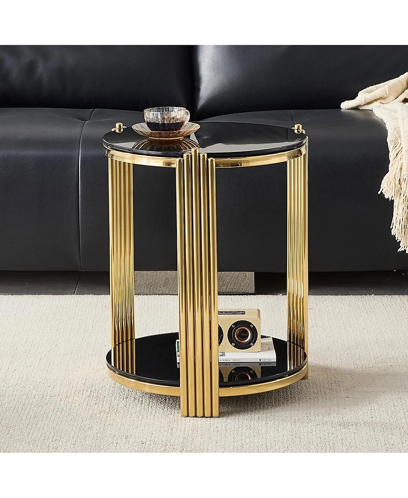 Flynama 16.9" Double-Layer Tempered Glass and Gold Steel End Table