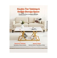 Slickblue Modern 2-Tier Coffee Table with Faux Marble Top, Geometric Metal Frame for Home