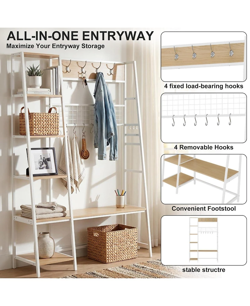 gaomon 4-in-1 Industrial Hall Tree with Shoe Storage and Bench, Entryway Coat Rack with 8 Removable Hooks, Rustic Wood and Metal Frame for Mudroom