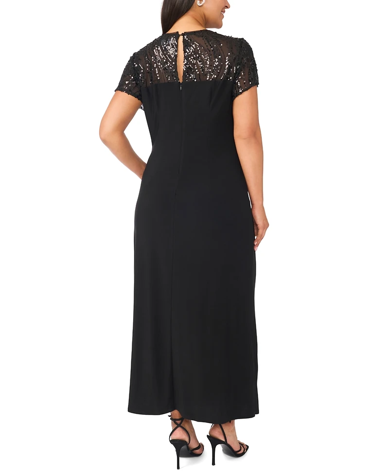 Msk Plus Beaded Mesh Side Ruched Short-Sleeve Gown