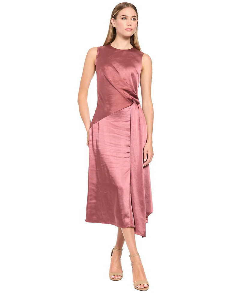 Luxely Women's Satin Midi Side-Gathering Dress