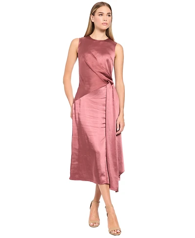 Luxely Women's Satin Midi Side-Gathering Dress