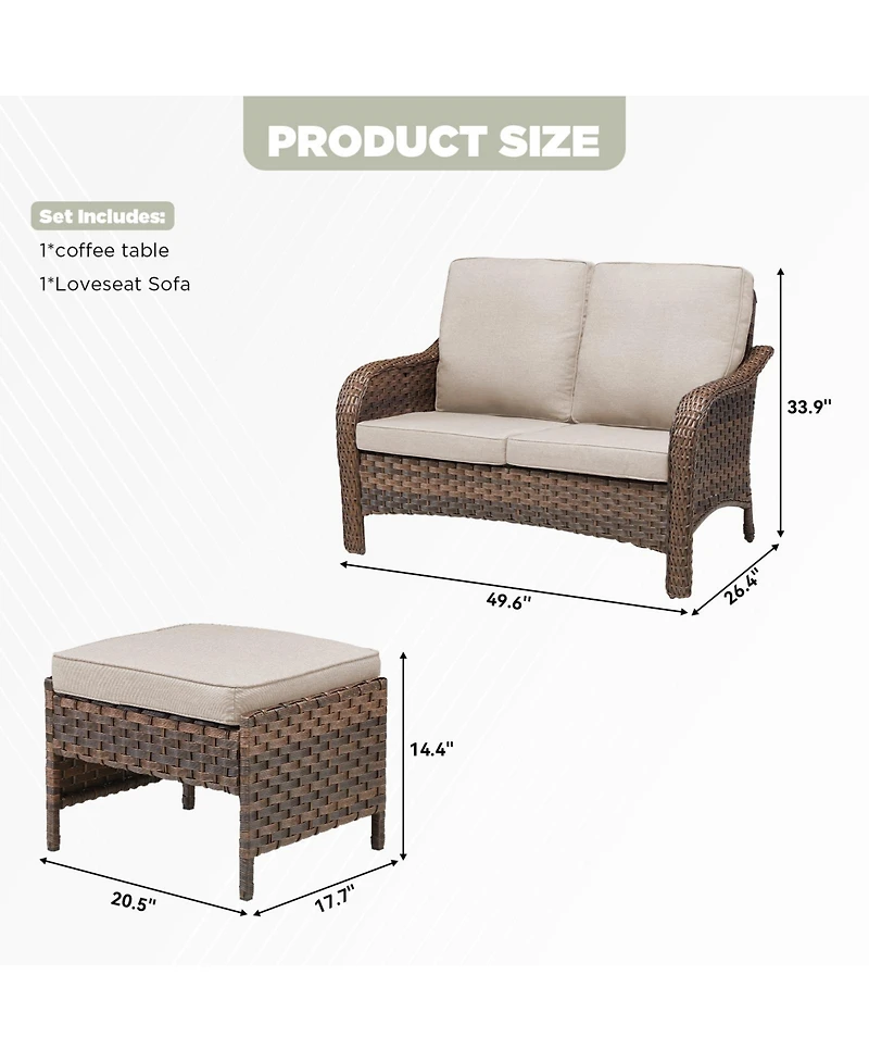 Pocassy Patio Furniture Set, Wicker Loveseat with 2 Ottomans for Backyard