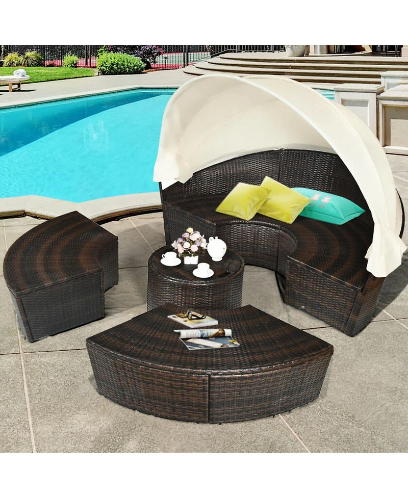 Gouun Patio Round Rattan Daybed Set with Retractable Canopy and Side Table