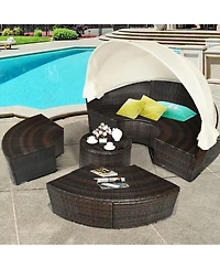 Gouun Patio Round Rattan Daybed Set with Retractable Canopy and Side Table