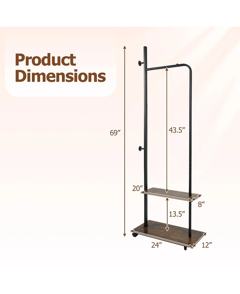 Costway Clothing Rack with Wheels, Wooden Garment Rack with Hanging Rod