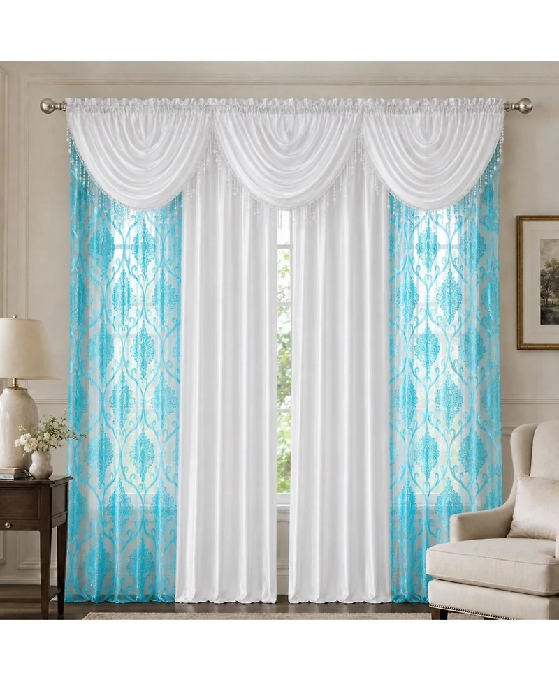 Kate Aurora 7 Piece Hampton Elegance Sheer Curtain Panels And Beaded Valances Set