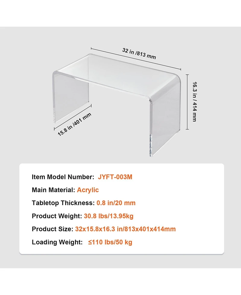 Sugift C-Shaped Clear Acrylic Coffee Table Side Table 32 x 15.8 x 16.3 in for Living Room Terrace