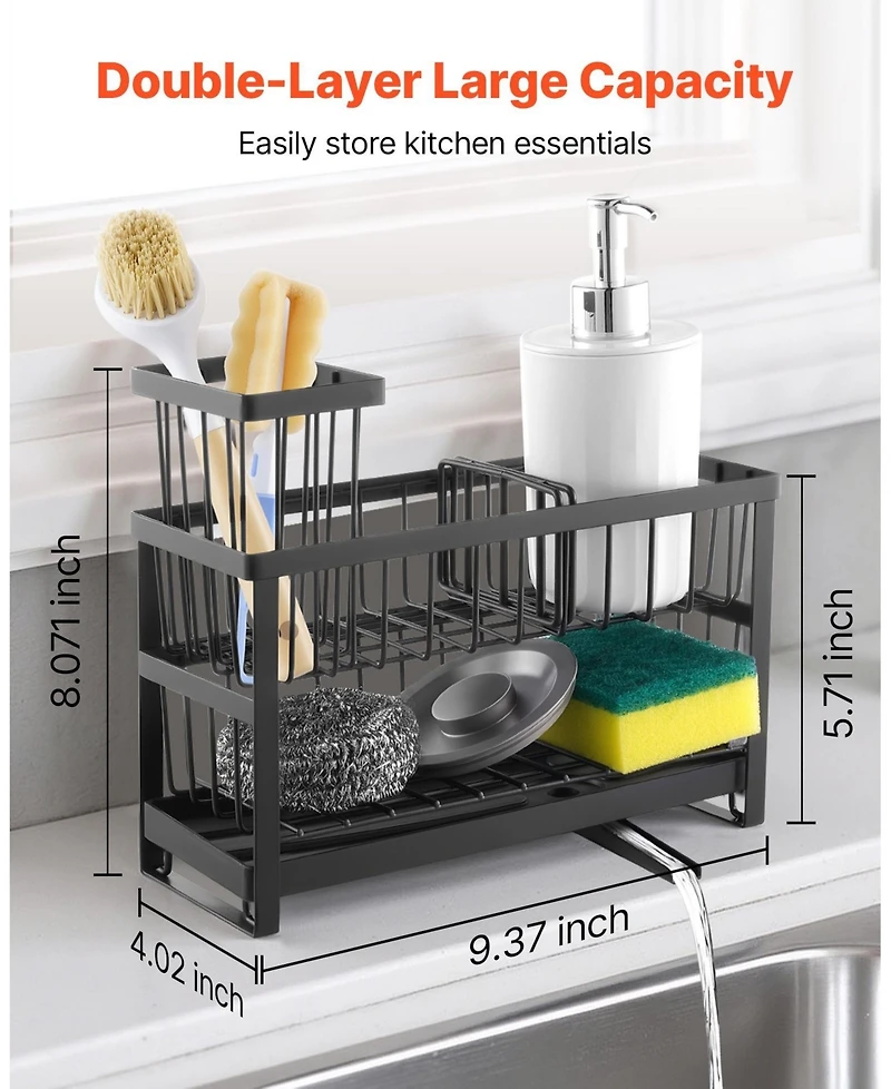 Sugift 2-Tier Kitchen Sink Caddy Organizer with Brush Holder Divider and Rotatable Drainage Spout