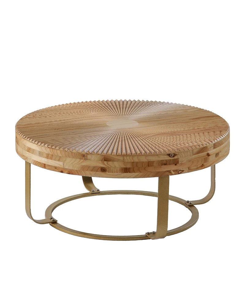 Flynama Round Wood Coffee Table Metal Legs Carved Pine Accent Living Room Table