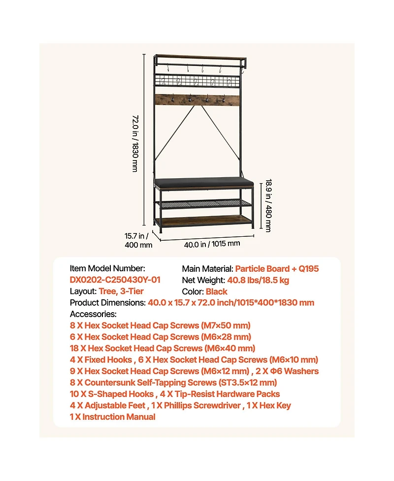 Sugift 72 in Hall Tree Coat Rack with Shoe Bench 2-Tier Shoe Rack Hooks Hanging Rod Wire Shelf