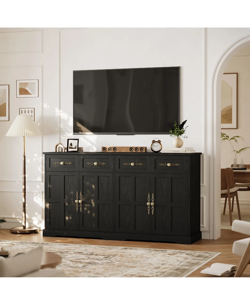 gaomon Storage Cabinet with 4 Doors and Drawers, Farmhouse Buffet Sideboard Gold Handles, Modern Entryway Console Table for Living Room