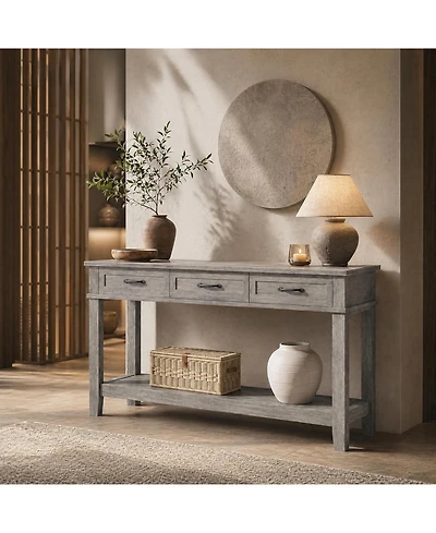 homfan 54" Farmhouse Console Table with 3 Drawers and Open Shelf, Wood Finish Entryway Table