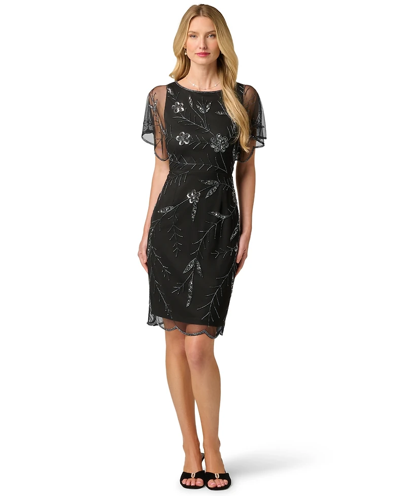 Adrianna Papell Women's Sheer-Flutter-Sleeve Floral-Print Beaded Dress