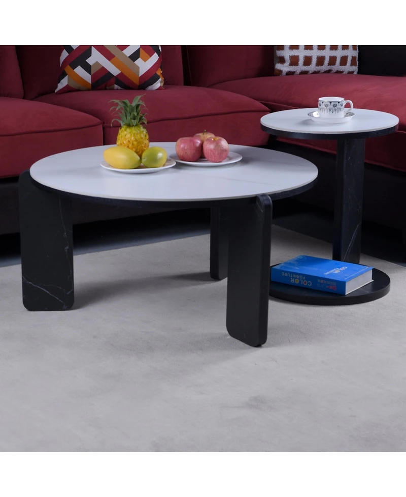 Flynama Set of 2 Round Nesting Coffee Tables, Sintered Stone Top and Mdf Frame, 32.68"+16.93" for Small Spaces