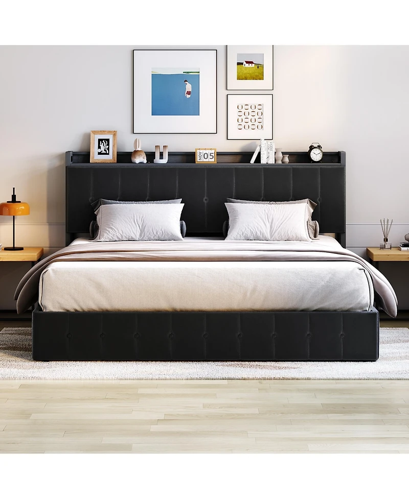 Gaomon King Bed Frame with Lift Up Storage, Bed with Storage Headboard and Charging Station, Metal Platform Bed .