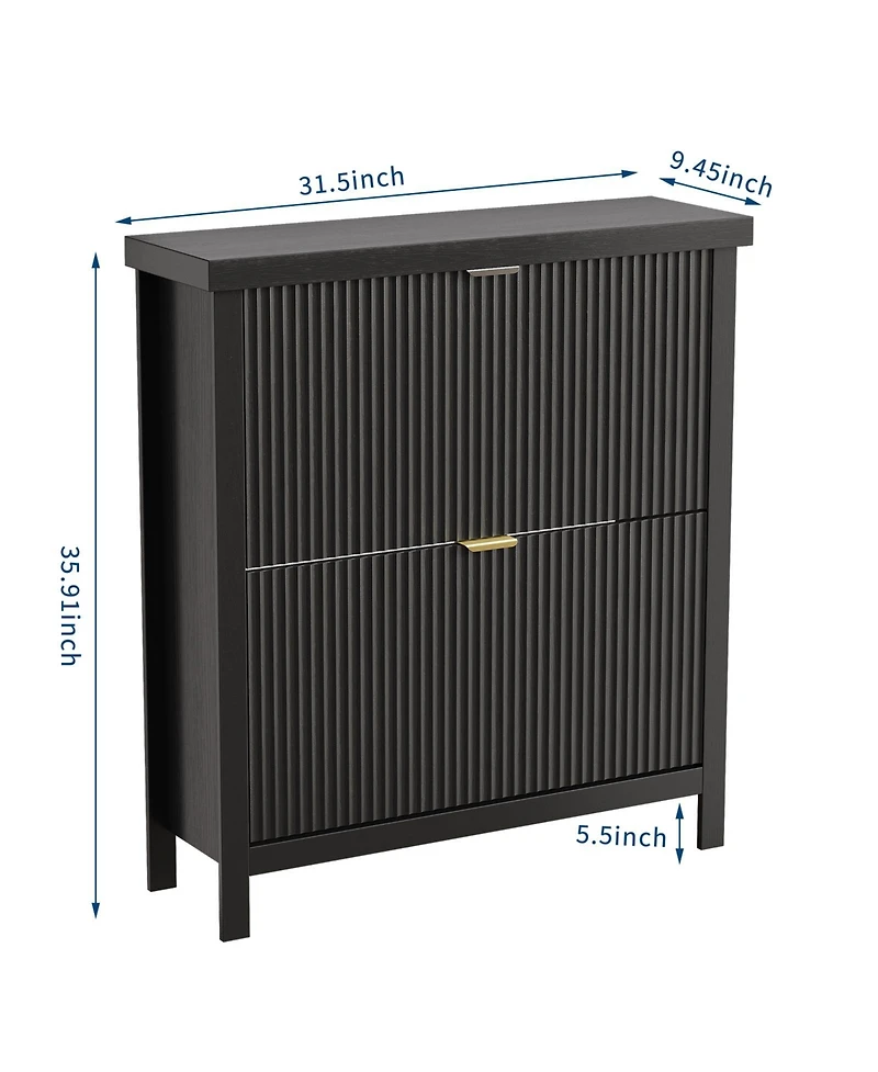 Striped freestanding entryway shoe cabinet with double-layer flip drawers, adjustable shelves and dust-proof back panel