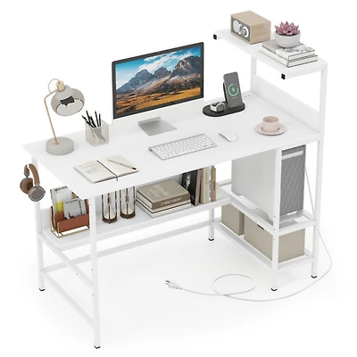 Sugift Computer Desk with Power Outlets and Storage Shelves