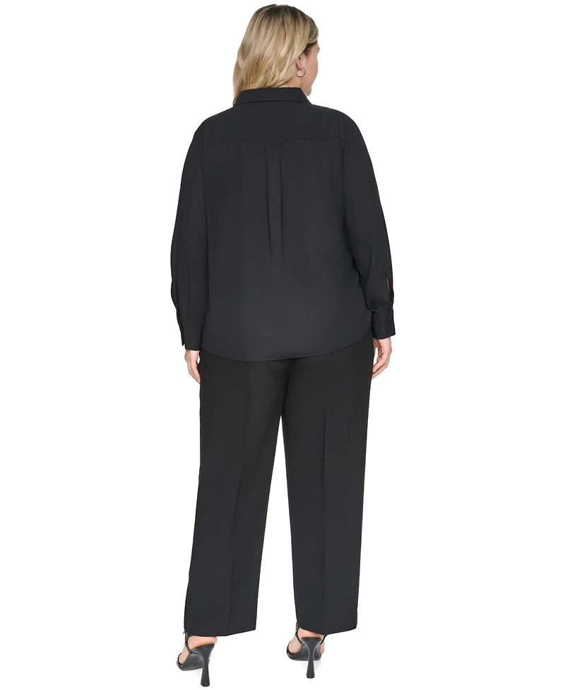 Karl Lagerfeld Paris Plus Long-Sleeve Collared Pleated Blouse