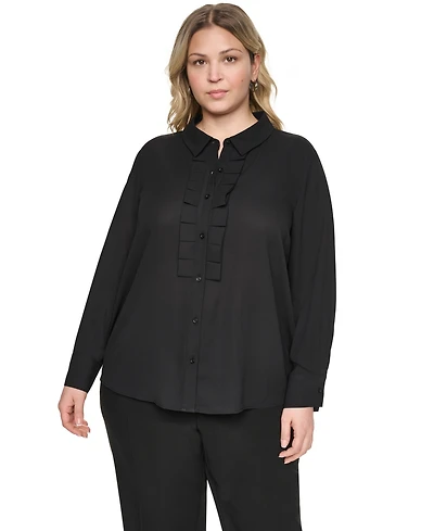 Karl Lagerfeld Paris Plus Long-Sleeve Collared Pleated Blouse