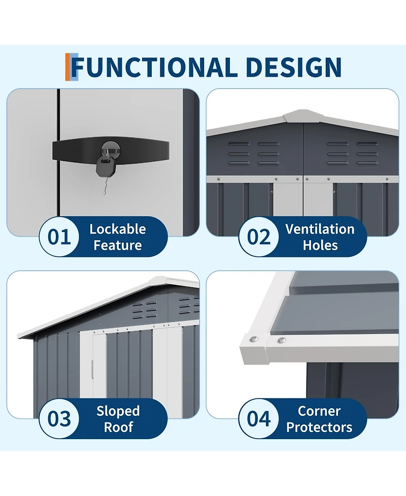 8 x 6 ft Outdoor Storage Shed with A-Frame Roof and Double Hinged Doors, Iron Tool House for Backyard Garden Patio, Gray