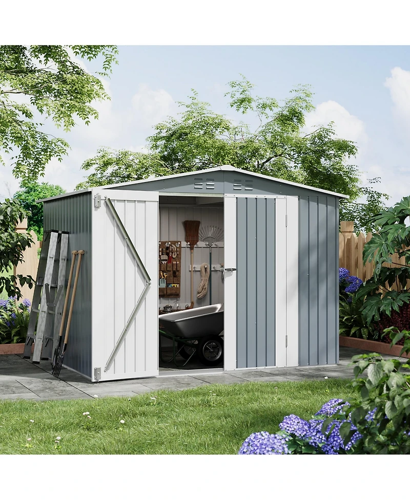 8 x 6 ft Outdoor Storage Shed with A-Frame Roof and Double Hinged Doors, Iron Tool House for Backyard Garden Patio, Gray