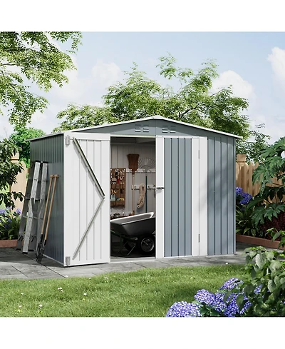 8 x 6 ft Outdoor Storage Shed with A-Frame Roof and Double Hinged Doors, Iron Tool House for Backyard Garden Patio, Gray