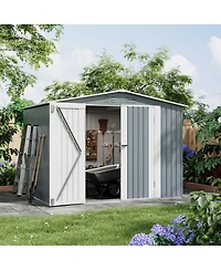 8 x 6 ft Outdoor Storage Shed with A-Frame Roof and Double Hinged Doors, Iron Tool House for Backyard Garden Patio, Gray