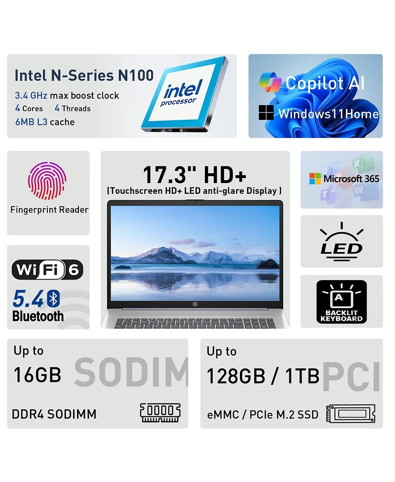 Hp Essential 17.3" Hd+ Touchscreen Laptop, Intel N100 Quad-Core, 8GB DDR4, 128GB eMMC, Wi-Fi 6, Windows 11 Home, Blue