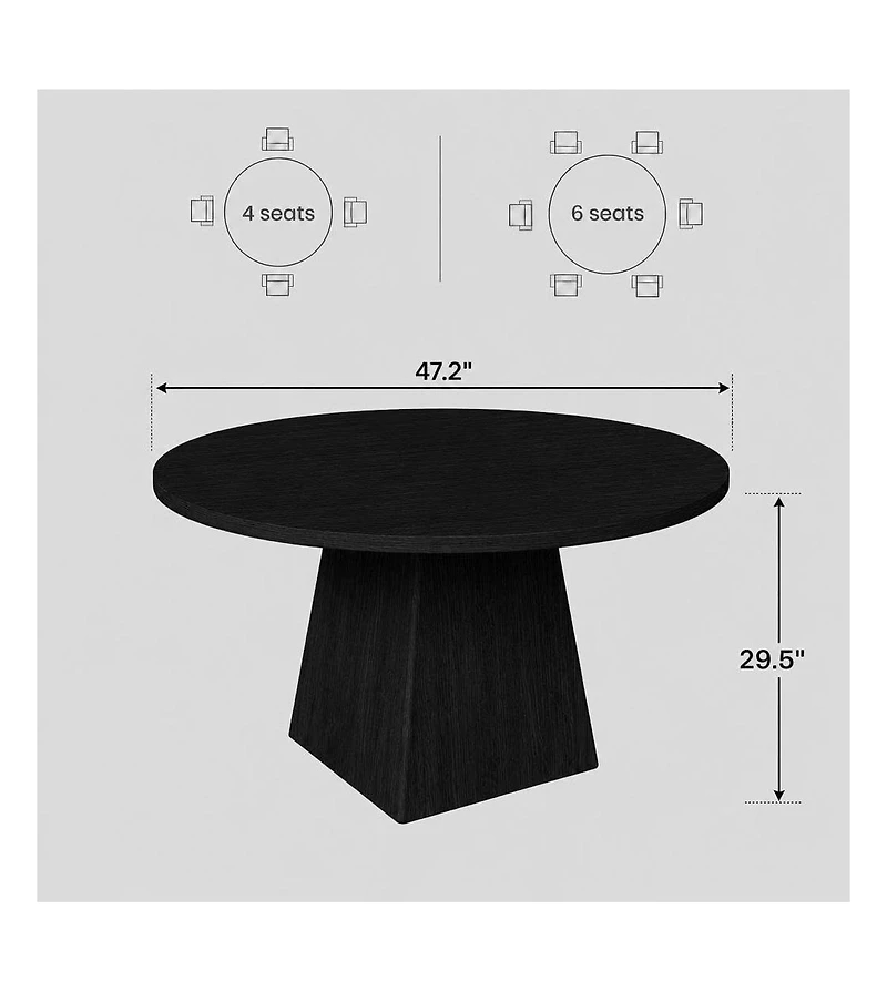 47-Inch Round Pedestal Dining Table, Seats 4-6, Black, 350 lb Capacity