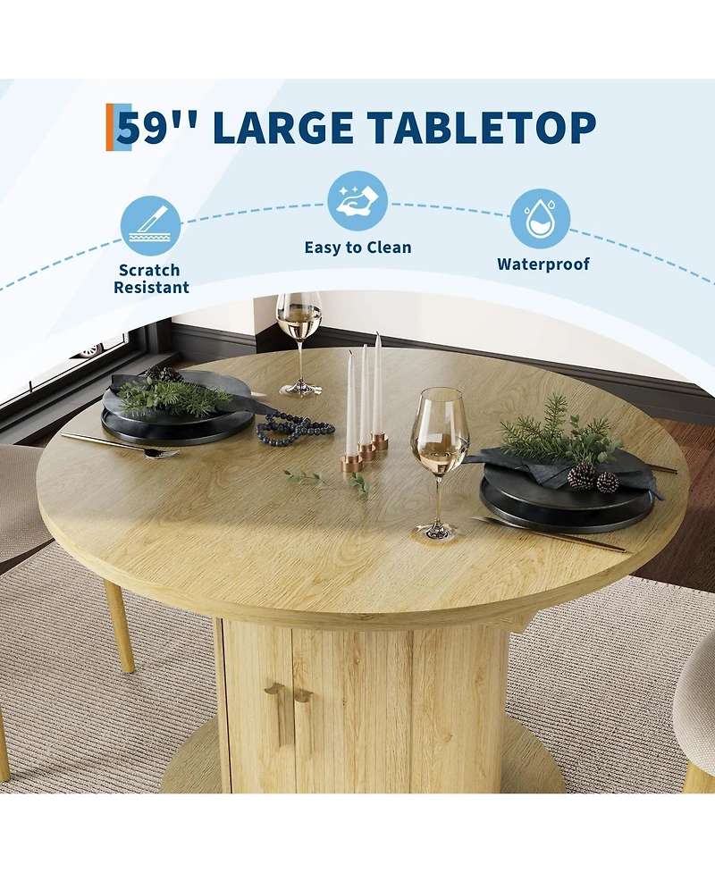 59" Oval Extendable Dining Table with Storage, Engineered Wood Table with Roll-Up Cabinet, Space Saving for Dining Room, Kitchen, Black/Brown