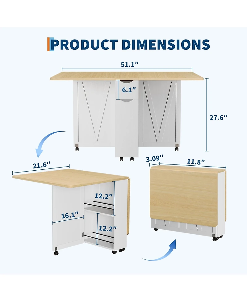 Folding Dining Table with Wheels, Drop Leaf Table with Drawer, Storage Shelves, Space Saving Design for Kitchen, Dining Room, Apartment
