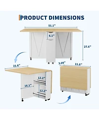 Folding Dining Table with Wheels, Drop Leaf Table with Drawer, Storage Shelves, Space Saving Design for Kitchen, Dining Room, Apartment