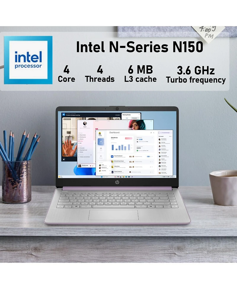 Hp Essential 14" Laptop, Intel N-Series N150, Intel Graphics, 4GB Ram, 128GB eMMC, Wi-Fi 6, Windows 11 Home, Purple