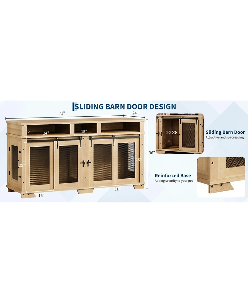 Double Dog Crate Furniture, 71 Inch Extra Large Wooden Heavy Duty Indoor Pet Kennel with Sliding Barn Door, Removable Divider, Tv Stand End Table