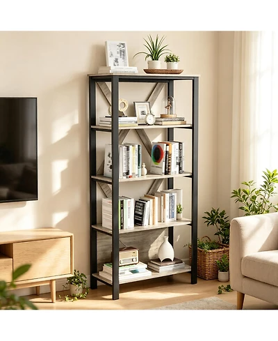 5-Tier Industrial Bookshelf with Led Lights, 66 in. Tall Open Display Shelves Storage Organizer, Modern Freestanding Storage Bookcase for Home Office