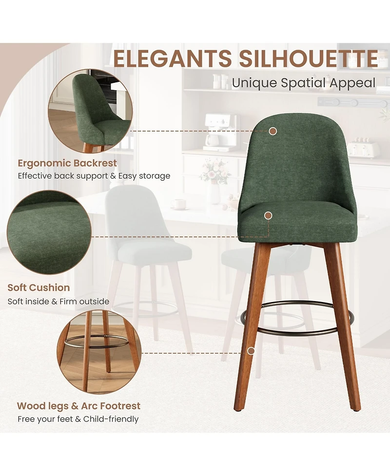 Counter Height Bar Stools Set of 4, Linen Fabric Upholstered Bar Chairs with Backs and Wood Legs, 360degree(s) Swivel Barstools