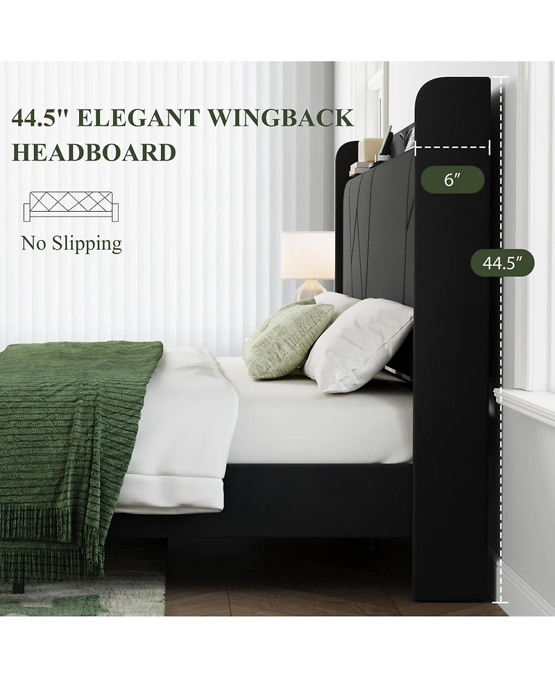 Bed Frame with Storage Headboard and Charging Station | Wingback Velvet Upholstered Platform Bed Frame, Solid Wood Slats Support