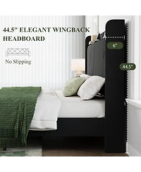 Bed Frame with Storage Headboard and Charging Station | Wingback Velvet Upholstered Platform Bed Frame, Solid Wood Slats Support